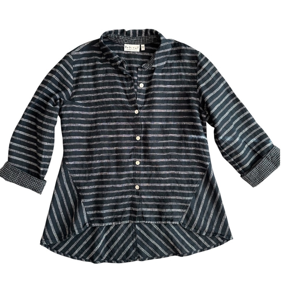 Habitat Tunic Top Women's Size S Linen Navy Striped Lagenlook Minimalist Boho